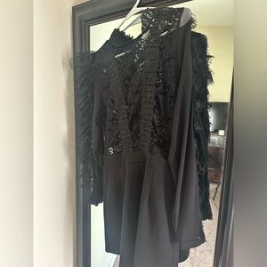 Black Lace See Through Long Sleeve Shorts Romper